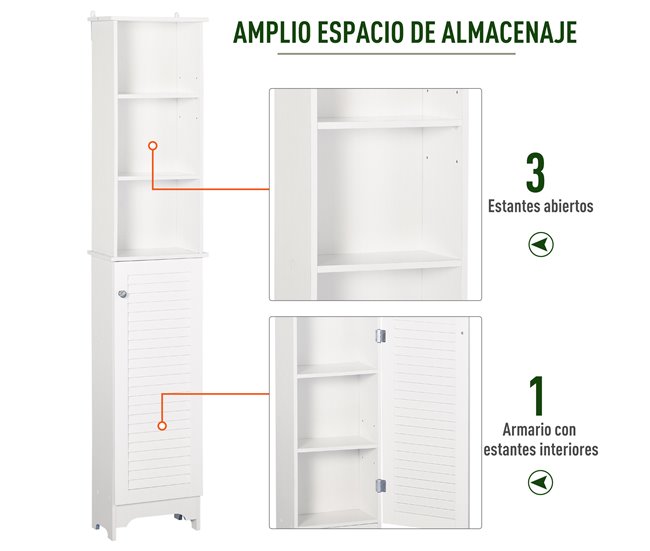 Conforama HOMCOM Armario Alto de Baño con 1 Puerta 3 Estantes Abiertos y Balda Interior Ajustable Mueble Auxiliar de Almacenaje para Salón Aseo Dormitorio 34x20x165 cm Blanco Ventas relámpago