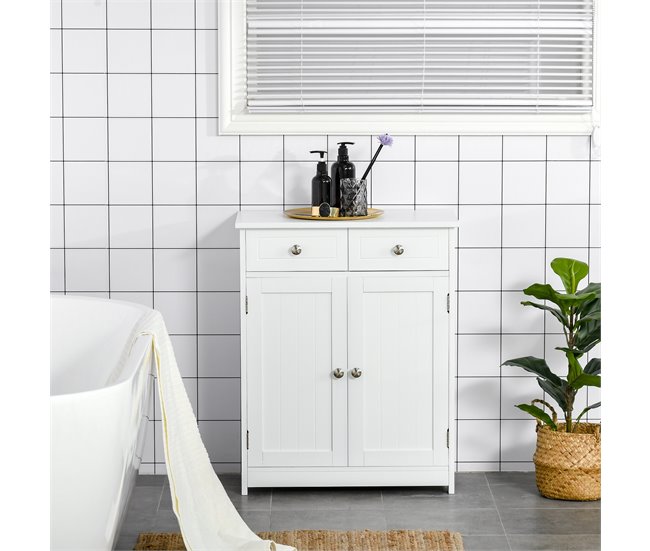 Conforama kleankin Armario Auxiliar de Baño Mueble Auxiliar de Baño con 2 Cajones 2 Puertas y Estante Ajustable Estilo Moderno para Ducha Dormitorio 60x30x75 cm Blanco Descuento