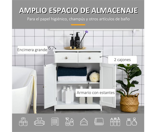 Conforama kleankin Armario Auxiliar de Baño Mueble Auxiliar de Baño con 2 Cajones 2 Puertas y Estante Ajustable Estilo Moderno para Ducha Dormitorio 60x30x75 cm Blanco Descuento