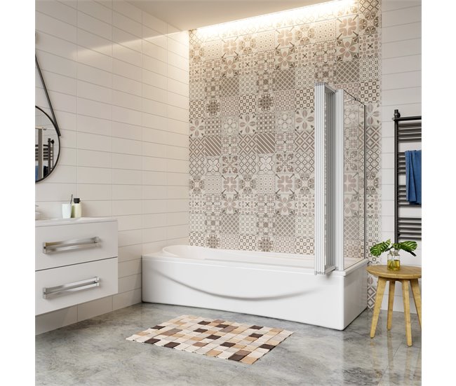 Conforama Mampara de Bañera+Panel lateral Vidrio Templado 4mm Blanco/Gris Mate (119.9-120.9)X(67.2-69.9)X140cm Liquidación