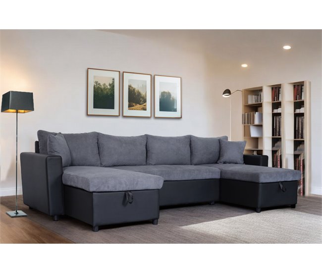 Conforama Rinconera U con cama y dos arcónes GOLF color gris y negro 2025