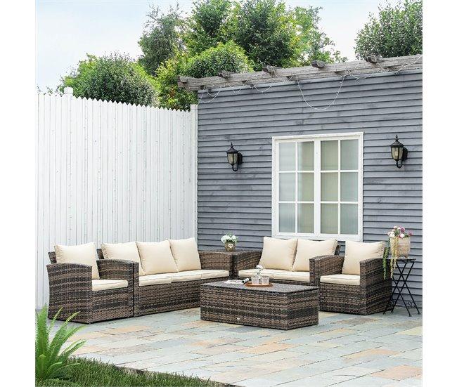 Conforama Outsunny Conjunto de Muebles de Jardín de Ratán 6 Piezas Sofá Doble Sofá de 3 Plazas 2 Sillones Individuales 2 Mesas Auxiliares con Almacenamiento y Cojines Acolchados Marrón y Crema Rebajas de fin de temporada