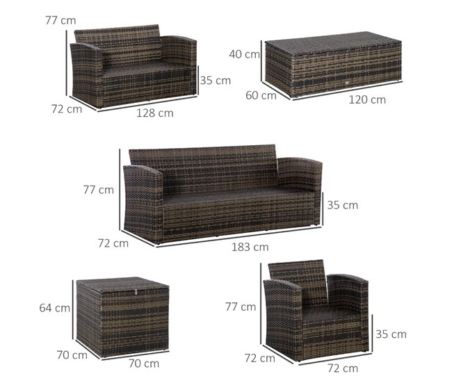 Conforama Outsunny Conjunto de Muebles de Jardín de Ratán 6 Piezas Sofá Doble Sofá de 3 Plazas 2 Sillones Individuales 2 Mesas Auxiliares con Almacenamiento y Cojines Acolchados Marrón y Crema Rebajas de fin de temporada