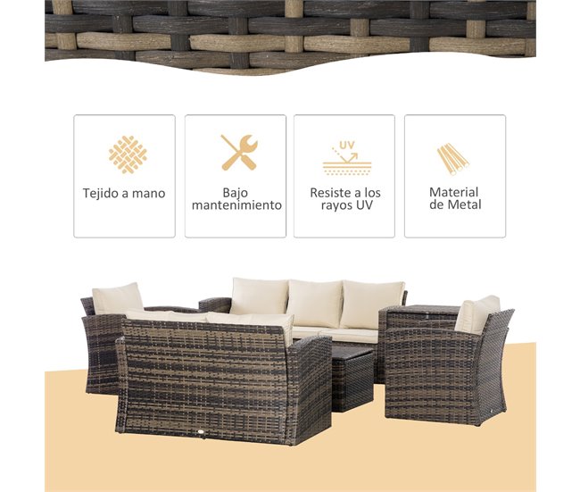 Conforama Outsunny Conjunto de Muebles de Jardín de Ratán 6 Piezas Sofá Doble Sofá de 3 Plazas 2 Sillones Individuales 2 Mesas Auxiliares con Almacenamiento y Cojines Acolchados Marrón y Crema Rebajas de fin de temporada