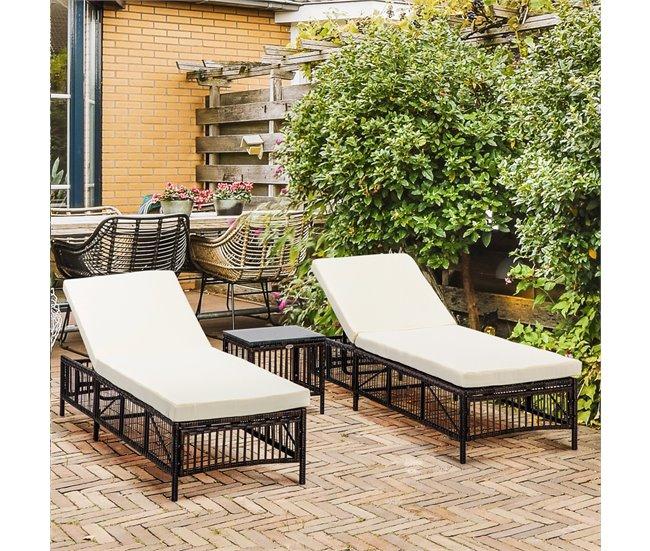 Conforama Outsunny Conjunto de 2 Tumbonas de Jardín Exterior Tumbonas de Mimbre Tejido con Mesa de Tapa de Vidrio Respaldo Reclinable de 5 Posiciones y Cojines Suaves 196x54x32 cm Marrón Devoluciones gratuitas