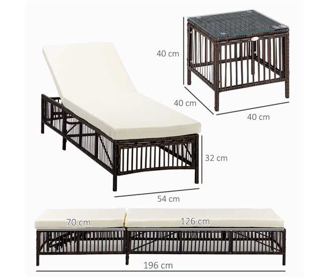 Conforama Outsunny Conjunto de 2 Tumbonas de Jardín Exterior Tumbonas de Mimbre Tejido con Mesa de Tapa de Vidrio Respaldo Reclinable de 5 Posiciones y Cojines Suaves 196x54x32 cm Marrón Devoluciones gratuitas