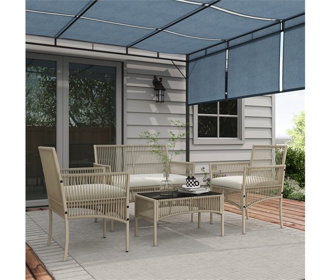 Conforama Outsunny Conjunto de Muebles de Jardín de Ratán Juego de 4 Piezas Muebles de Terraza con 1 Sofá de 2 Plaza 2 Sillones Cojines y 1 Mesa de Centro de Tablero de Vidrio para Patio Caqui Rebajas