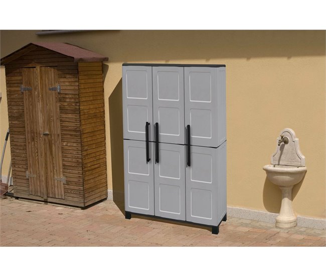 Conforama Armario exterior Dbellanov Mueble escobero mueble exterior 3 puertas 100% Made in Italy 102x37h169 cm Gris claro y negro Acabado a cuadros Rebajas baratas