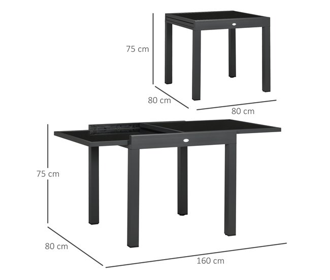 Conforama Outsunny Mesa de Jardín Extensible de Aluminio Mesa de Comedor Rectangular con Encimera de Vidrio Templado Carga 50 kg para Terraza 160x80x75 cm Negro Rebajas de fábrica
