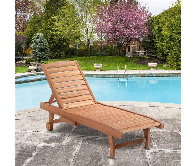 Conforama Outsunny Tumbona de Madera Exterior Silla Reclinable de Jardín con 2 Ruedas Respaldo Ajustable en 3 Niveles y 1 Bandeja Carga 130 kg para Terraza Patio Natural Mejor oferta