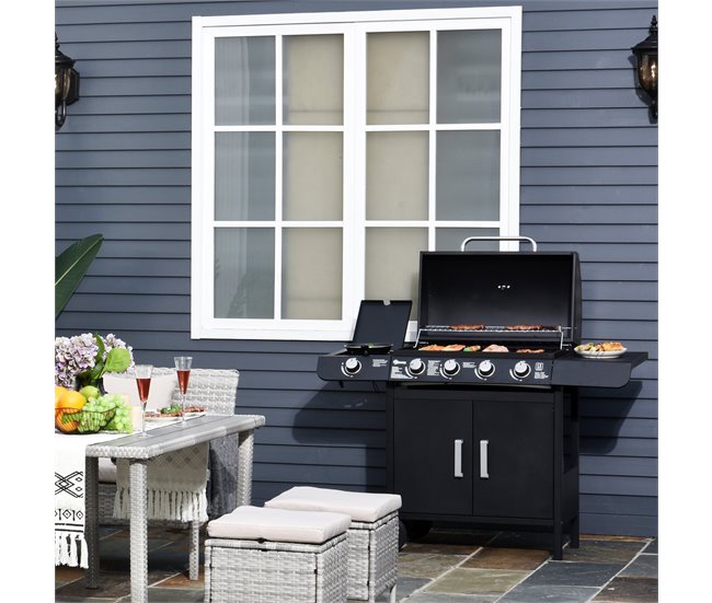 Conforama Outsunny Barbacoa de Gas con 4+1 Quemadores 14 4 KW Mesas Laterales Armario de Almacenaje Termómetro y 2 Ruedas Acero Inoxidable BBQ 125x51x100 cm Negro Rebajas top