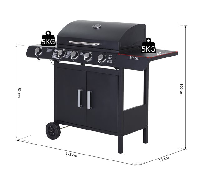 Conforama Outsunny Barbacoa de Gas con 4+1 Quemadores 14 4 KW Mesas Laterales Armario de Almacenaje Termómetro y 2 Ruedas Acero Inoxidable BBQ 125x51x100 cm Negro Rebajas top