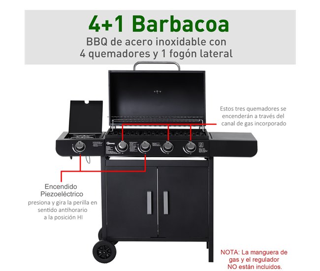 Conforama Outsunny Barbacoa de Gas con 4+1 Quemadores 14 4 KW Mesas Laterales Armario de Almacenaje Termómetro y 2 Ruedas Acero Inoxidable BBQ 125x51x100 cm Negro Rebajas top