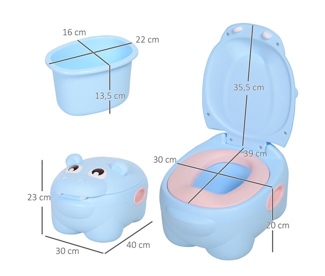 Conforama HOMCOM Orinal para Bebés en Forma de Hipopótamo 2 en 1 con Tapa Cubo Extraíble y Cepillo Inodoro para Aprender Entrenamiento Carga 25 kg 40x30x23 cm Azul Descuentos del mes