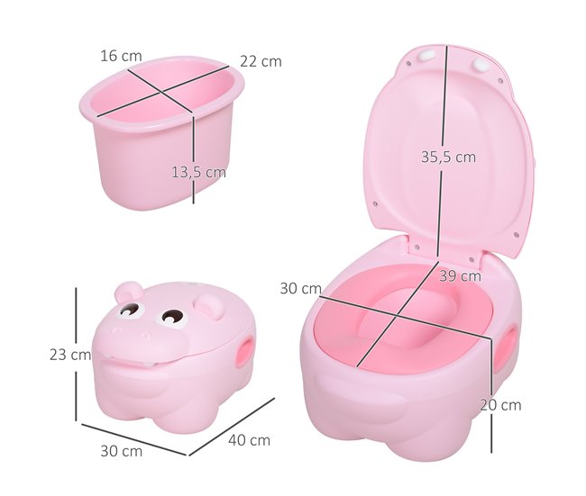 Conforama HOMCOM Orinal para Bebés en Forma de Hipopótamo 2 en 1 con Tapa Cubo Extraíble y Cepillo Inodoro para Aprender Entrenamiento Carga 25 kg 40x30x23 cm Rosa Oferta exclusiva