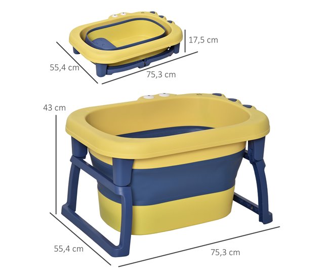 Conforama HOMCOM Bañera Plegable para Bebé de 0-6 Años Capacidad 105L Bañera Portátil para Niños con Patas Antideslizantes y Orificio de Drenaje Carga 50 kg 75 3x55 4x43 cm Amarillo y Azul Última moda