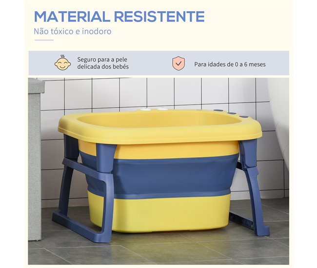 Conforama HOMCOM Bañera Plegable para Bebé de 0-6 Años Capacidad 105L Bañera Portátil para Niños con Patas Antideslizantes y Orificio de Drenaje Carga 50 kg 75 3x55 4x43 cm Amarillo y Azul Última moda