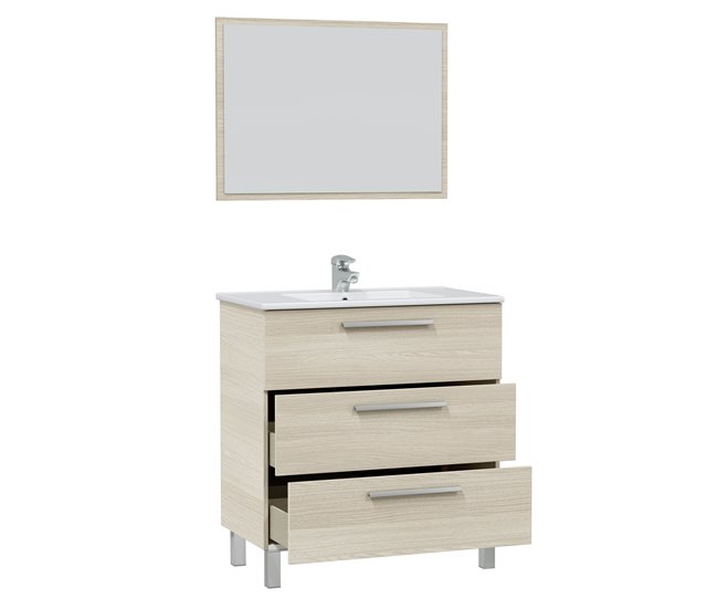 Conforama Mueble baño Alise 3 cajones espejo y lavabo Roble Superdescuento