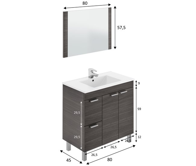 Conforama Mueble baño Adam 2 puertas 2 cajones espejo sin lavabo Gris ceniza Outlet