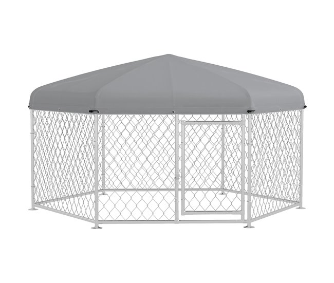 Conforama PawHut Perrera de Exterior Hexagonal Jaula para Perros con Puerta Marco de Acero Galvanizado y Toldo Impermeable y Anti-UV 210x185x150 cm Plata Última moda