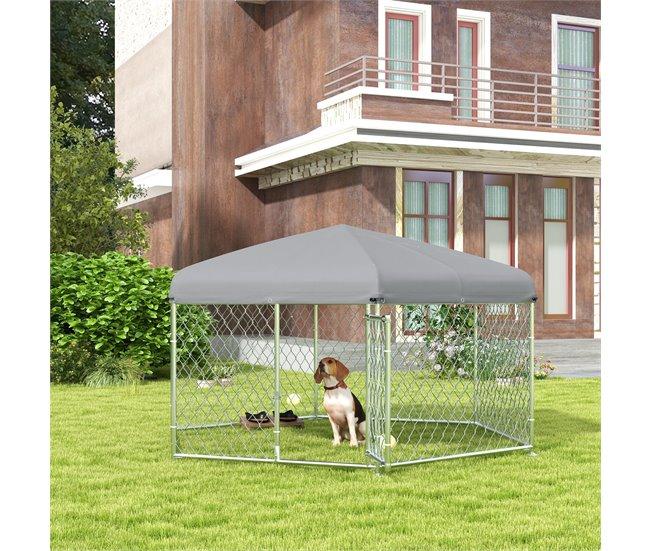 Conforama PawHut Perrera de Exterior Hexagonal Jaula para Perros con Puerta Marco de Acero Galvanizado y Toldo Impermeable y Anti-UV 210x185x150 cm Plata Última moda