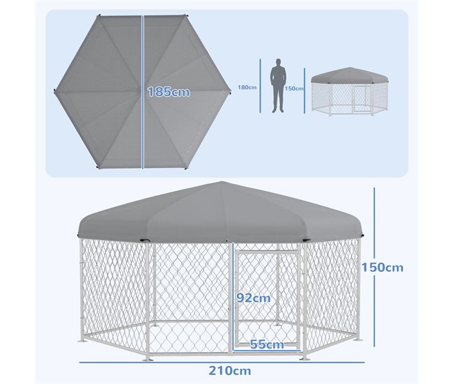 Conforama PawHut Perrera de Exterior Hexagonal Jaula para Perros con Puerta Marco de Acero Galvanizado y Toldo Impermeable y Anti-UV 210x185x150 cm Plata Última moda