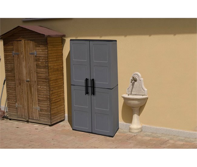 Conforama Armario de exterior Dargentes Mueble portaescobas multiusos mueble de exterior de 2 puertas 100% Made in Italy Acabado cuadros 68x37h163 cm Gris y Negro Ofertas especiales